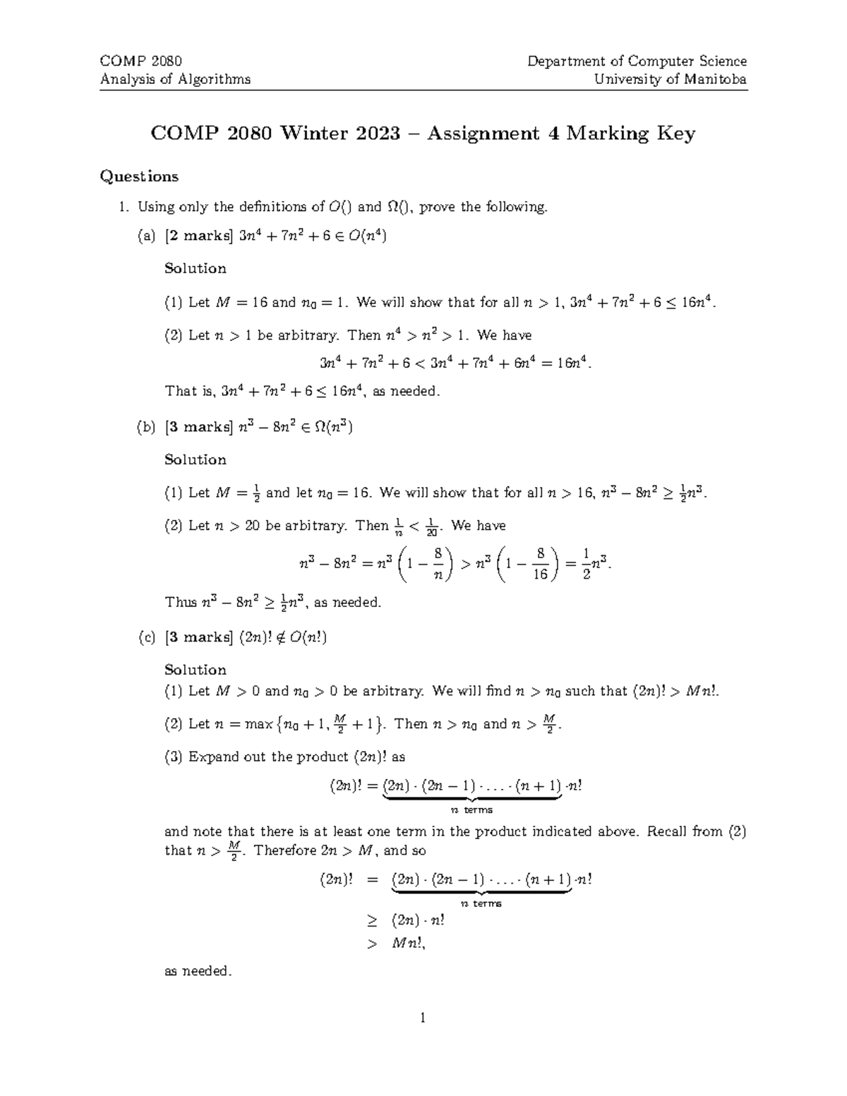 COMP2080 A4 Winter 2023 Solutions and Marking Key - Studocu