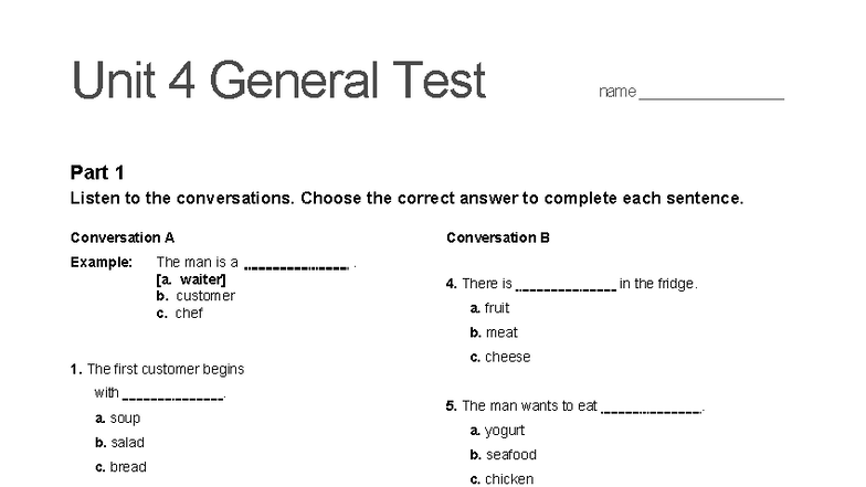 Top Notch 1 Unit 4 General Test: Listening & Writing Activities - Studocu
