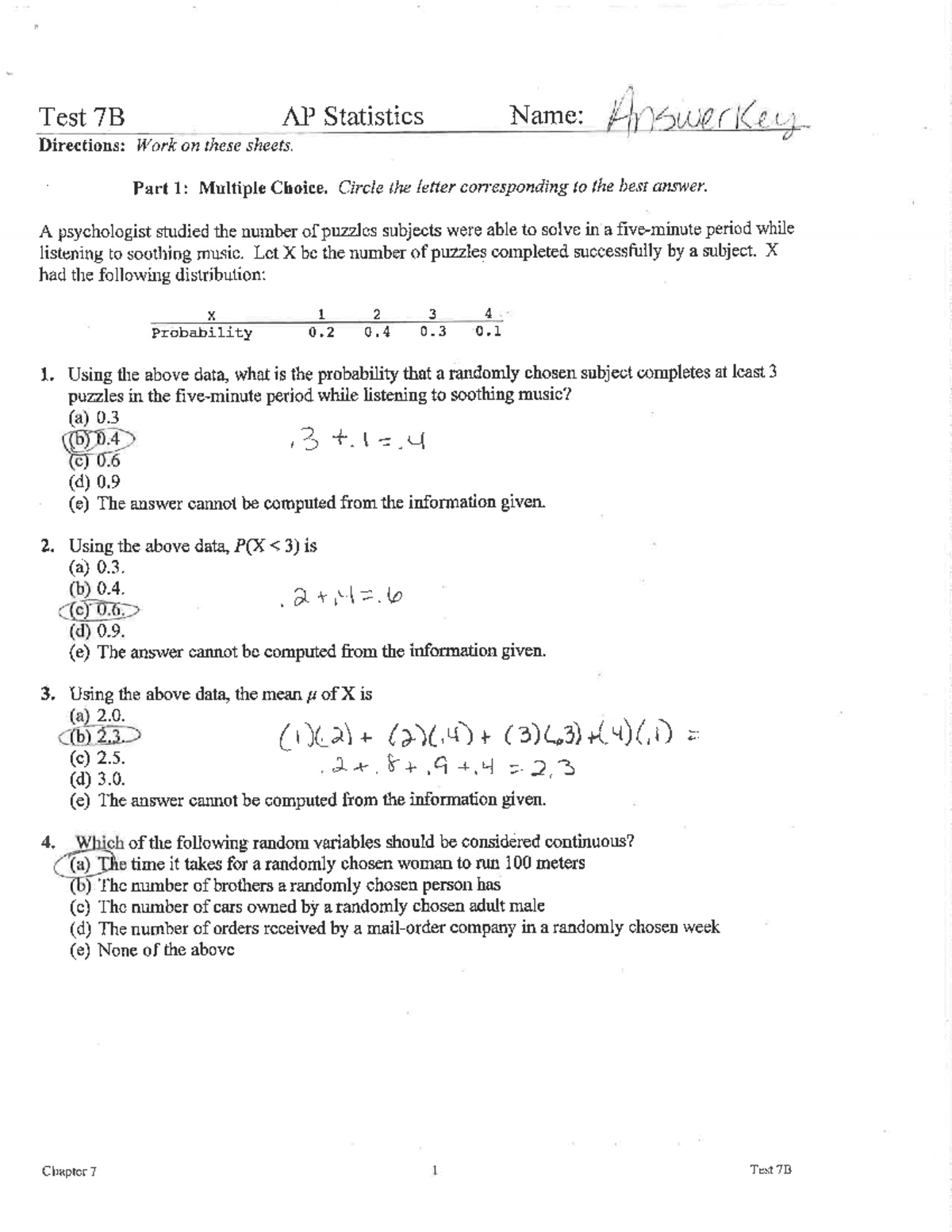 Answer Key for Multiple Choice Questions - AP Statistics 7B & 8D - Studocu