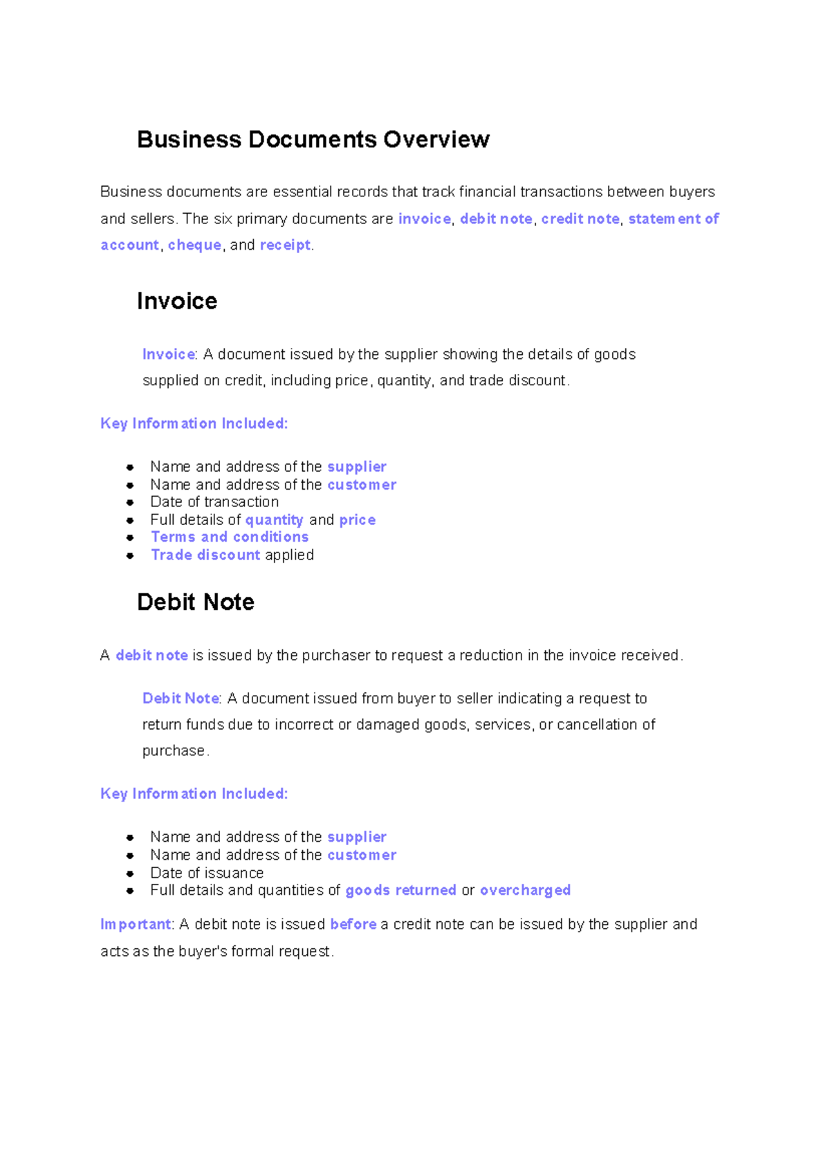 Business Documents Overview: Key Types and Functions - Studocu