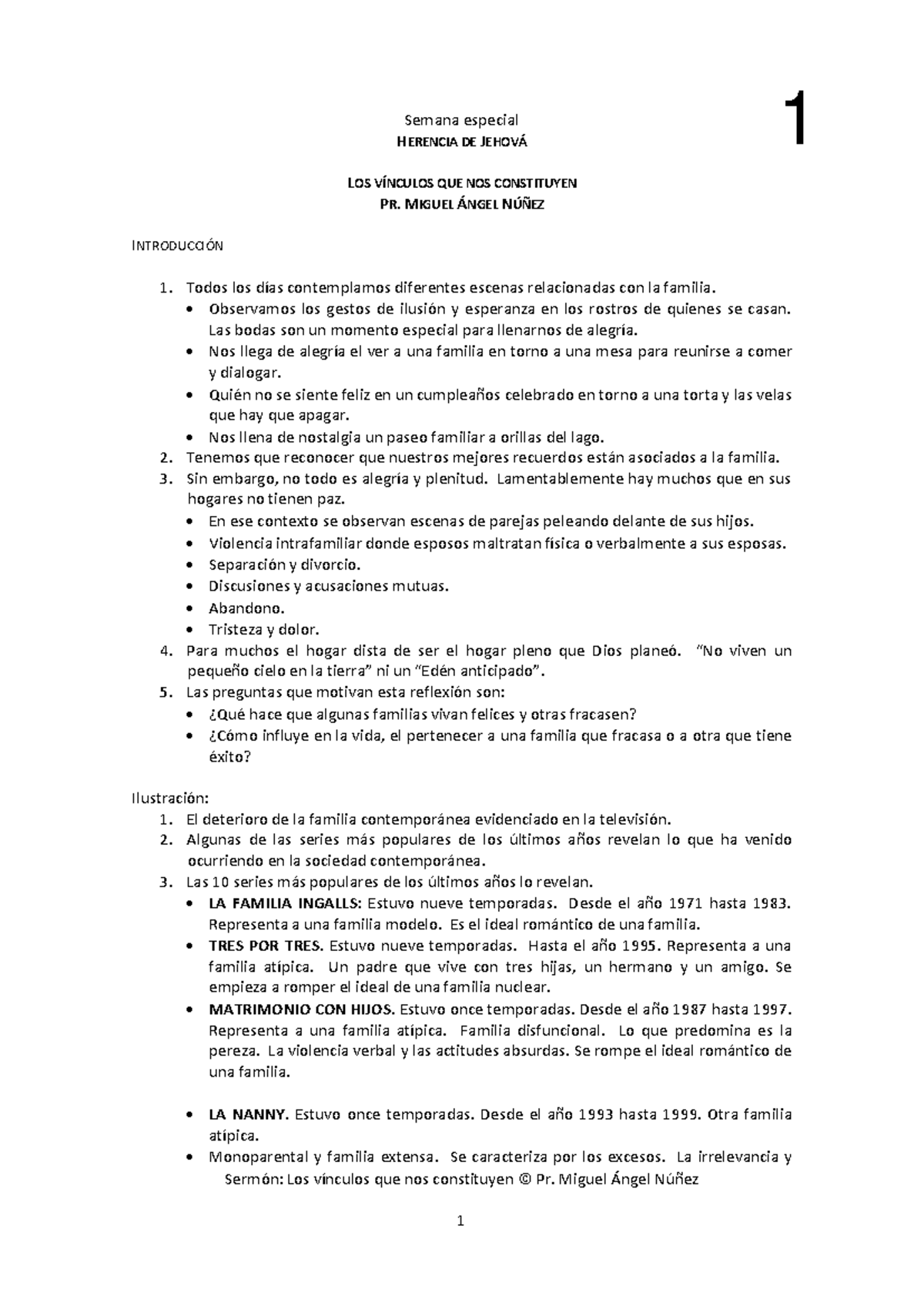 Herencia de Jehová: Vínculos y Diseño Familiar - Pr. Miguel Ángel Núñez - Document Preview