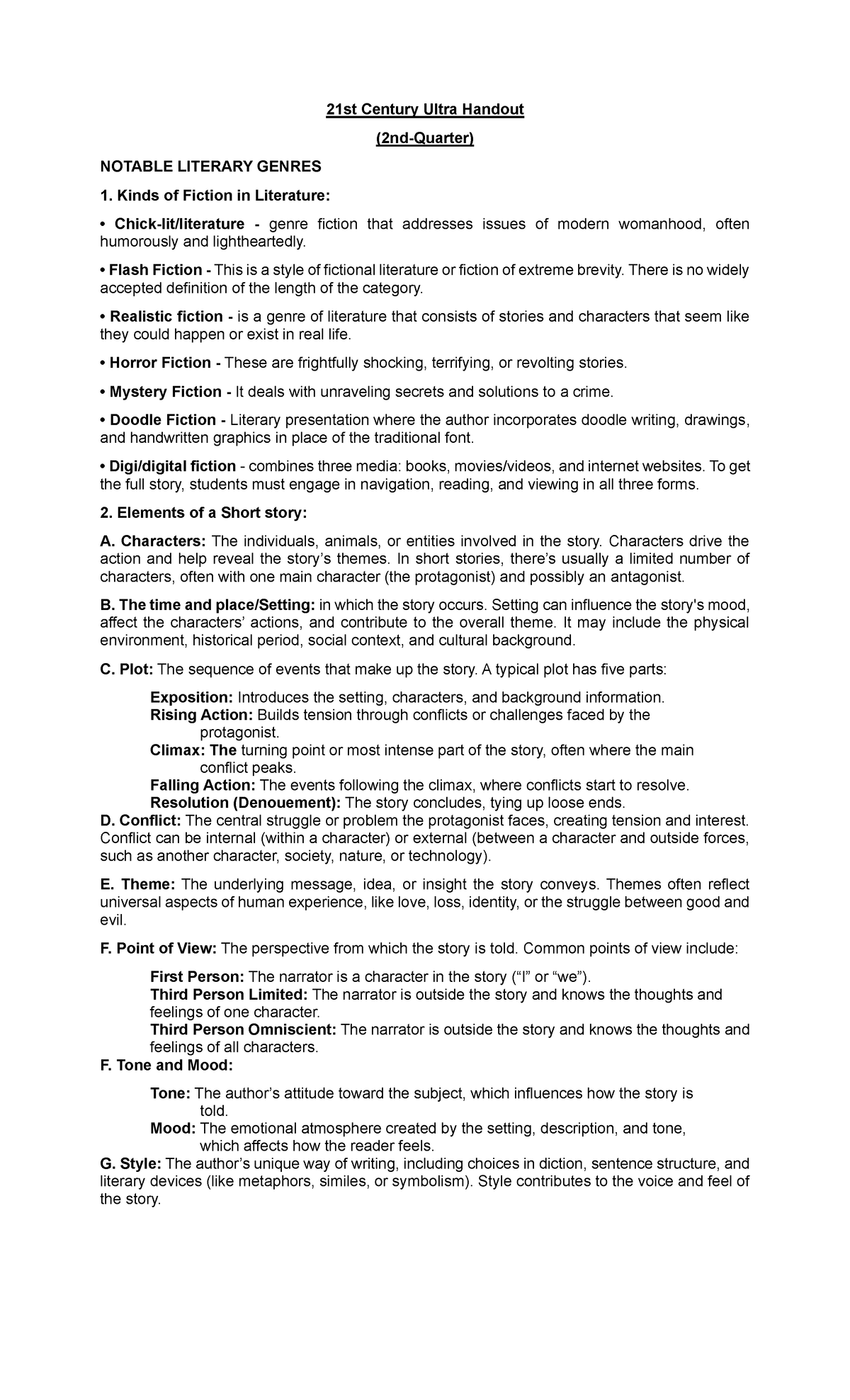 21st Century 2nd Quarter Ultra Handout: Notable Literary Genres and ...