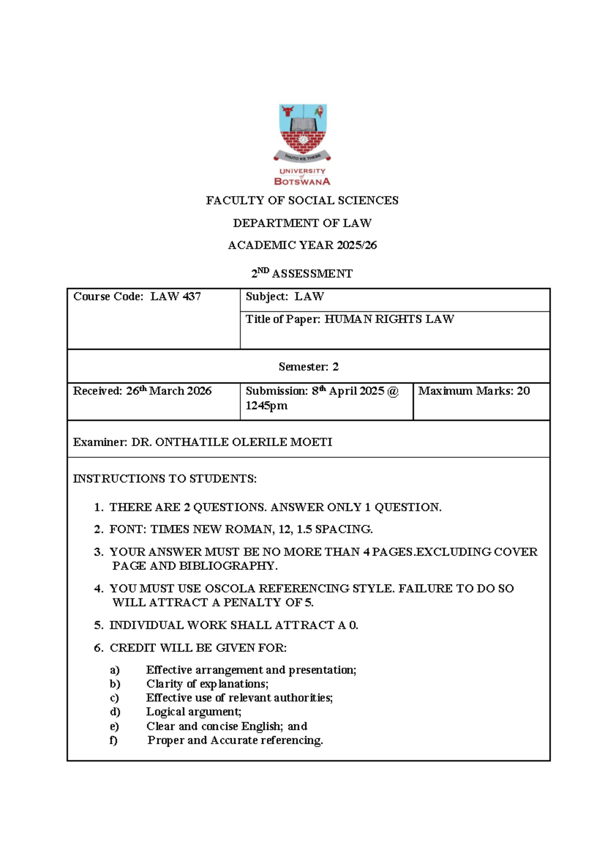 LAW 437 2nd Assessment: Human Rights Law Paper 2026 - Studocu