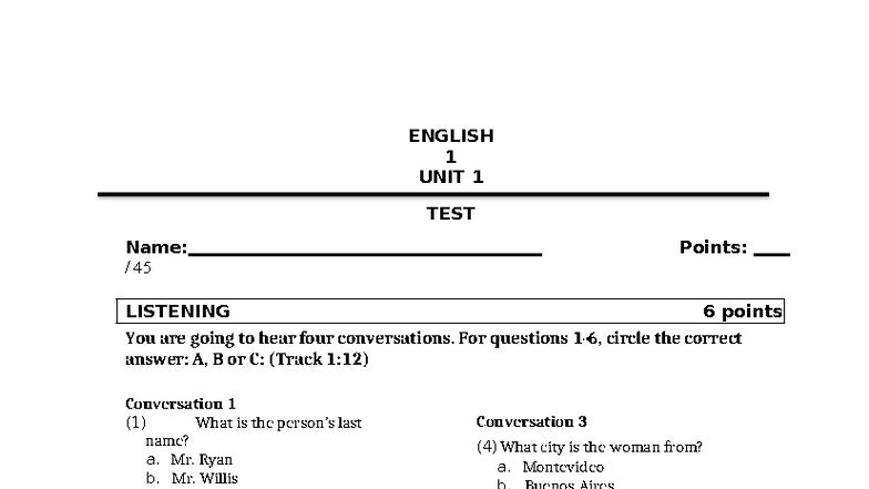 426704395 Top notch 1 Unit 1 Exam - LISTENING 6 points ENGLISH 1 UNIT 1 ...