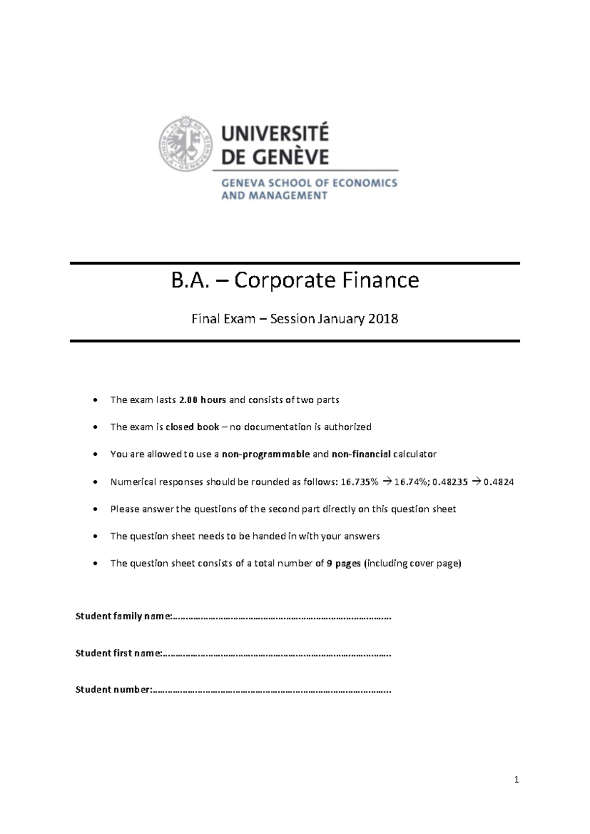 Exam example Jan 2018 solution - B. – Corporate Finance Final Exam ...