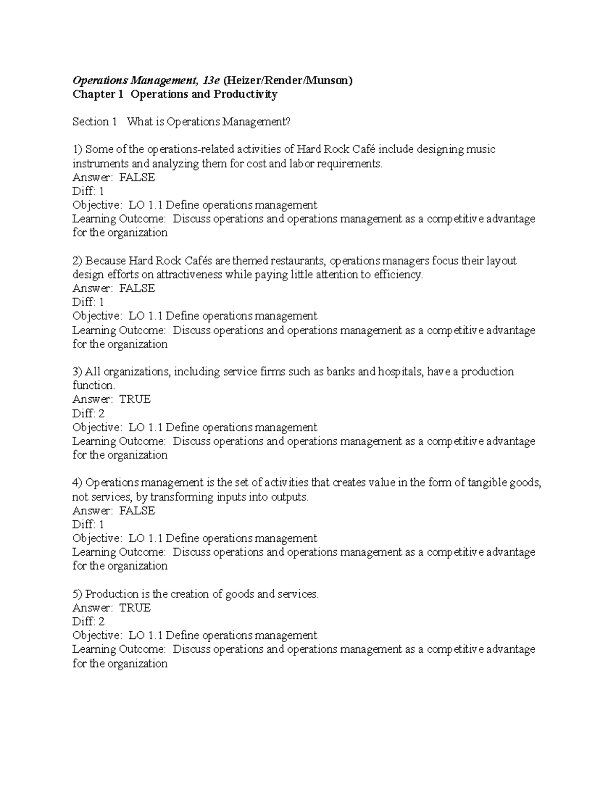 Heizer OM13 TB 01 - Operations Management Test Bank Chapter 1 - Document Preview