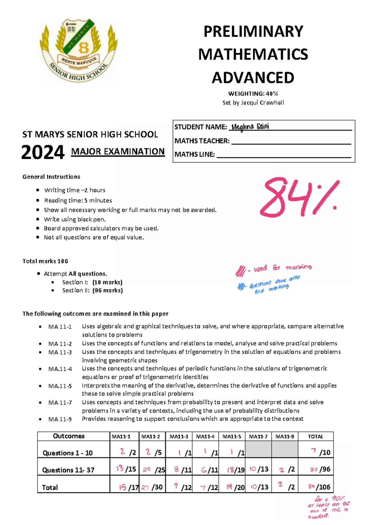 Preliminary Mathematics Advanced Major Exam 2024 - Studocu