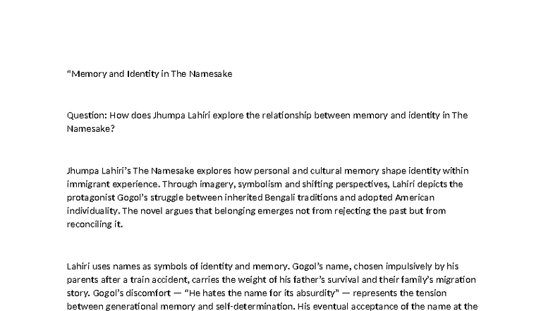 Memory and Identity in The Namesake: A Study of Lahiri's Themes - Studocu