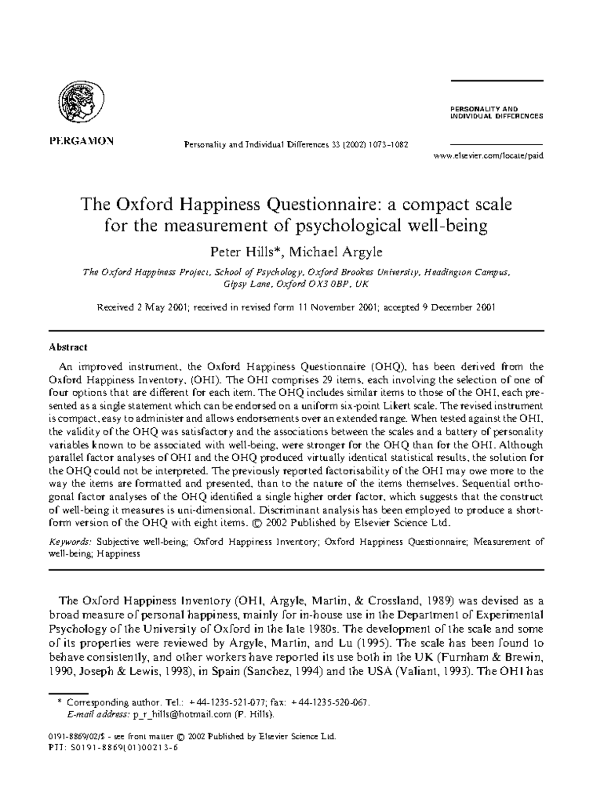 The Oxford Happiness Questionnaire (OHQ) Assessment - 2002 Study - Studocu