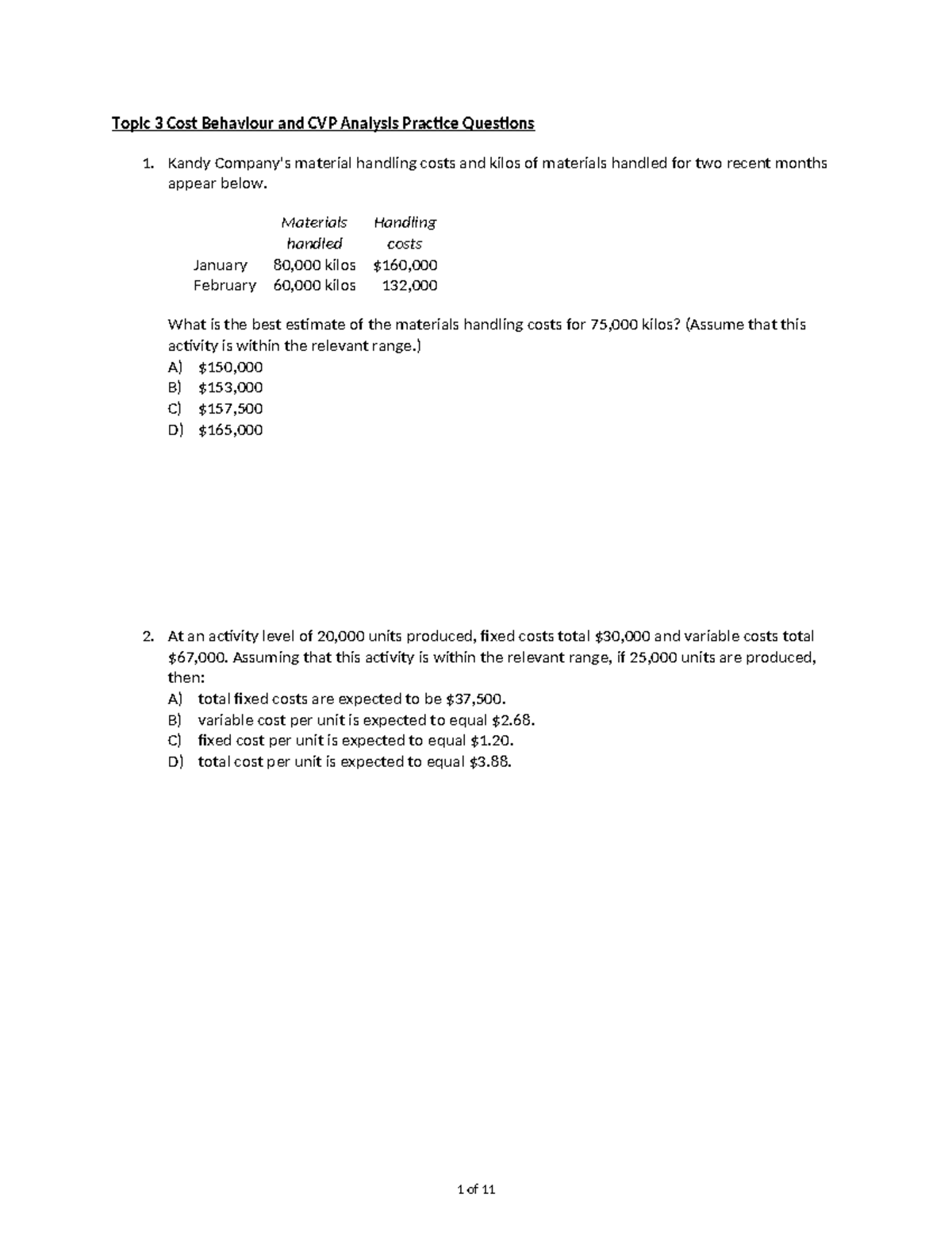 Topic 3 Cost Behaviour & CVP Analysis Practice Questions - Studocu