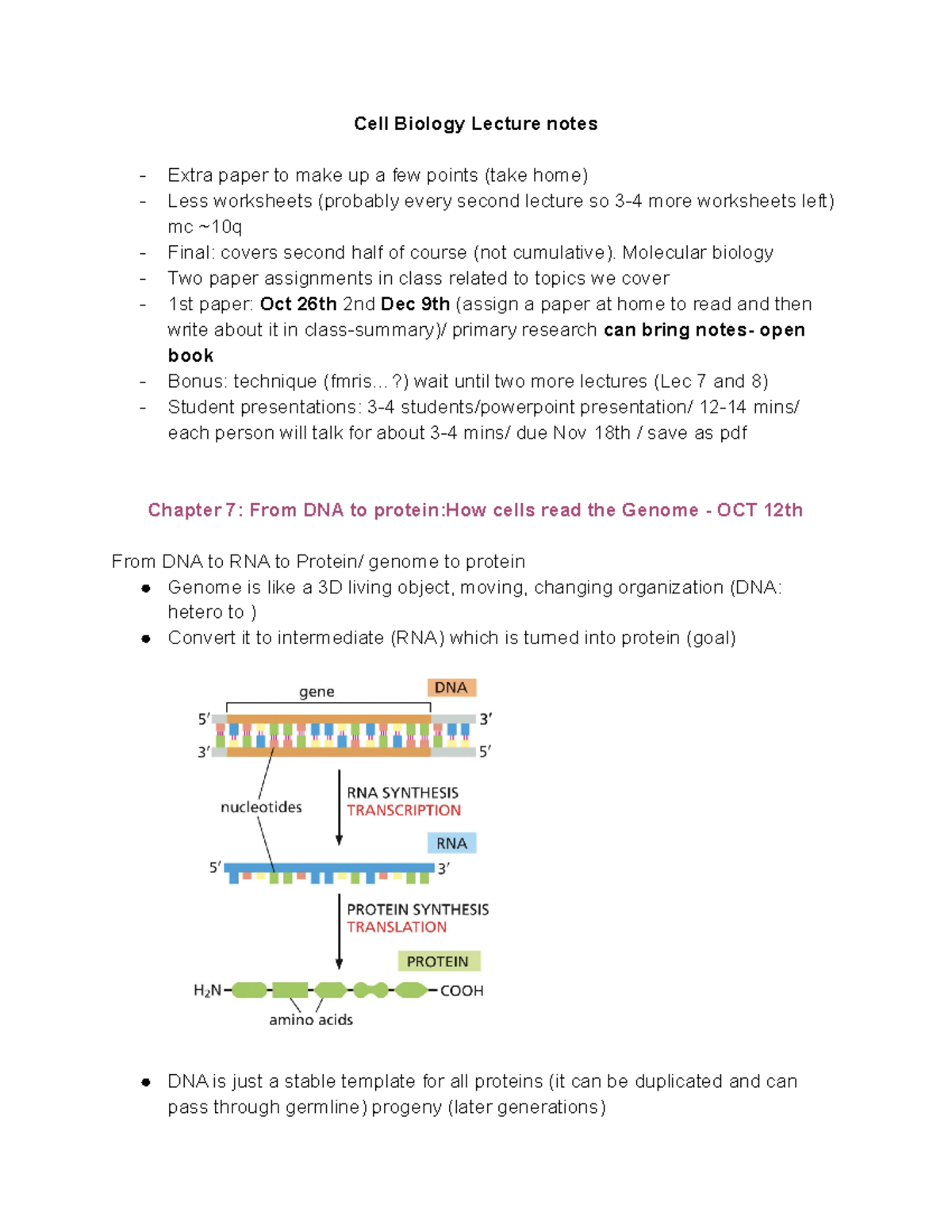Cell Biology Lecture Notes: DNA to Protein & Gene Expression (BIO 101 ...