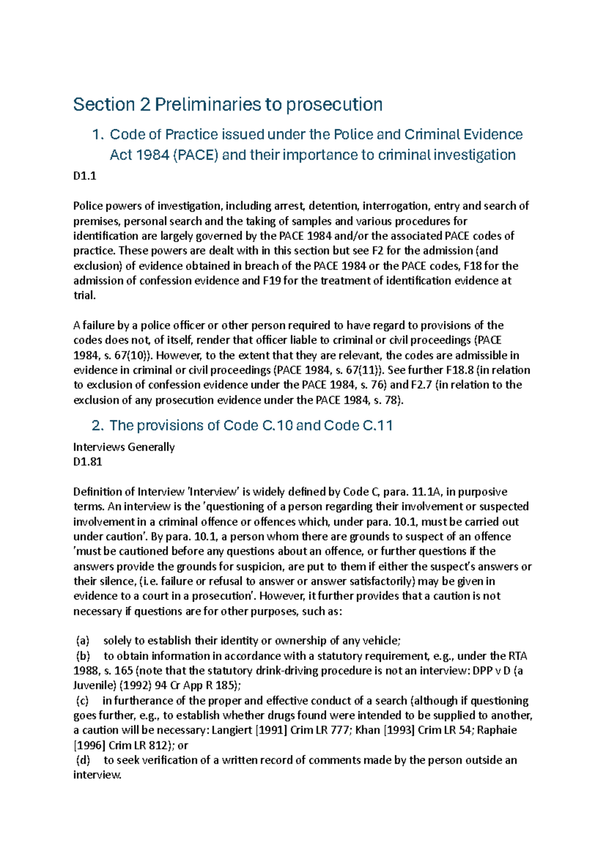 Crim 1984: Preliminaries to Prosecution and PACE Codes Explained - Studocu