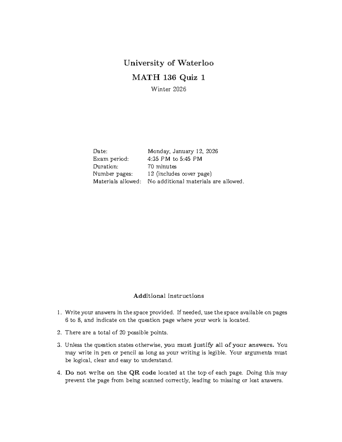 MATH 136 Quiz 1 Solutions - University of Waterloo Winter 2026 - Studocu