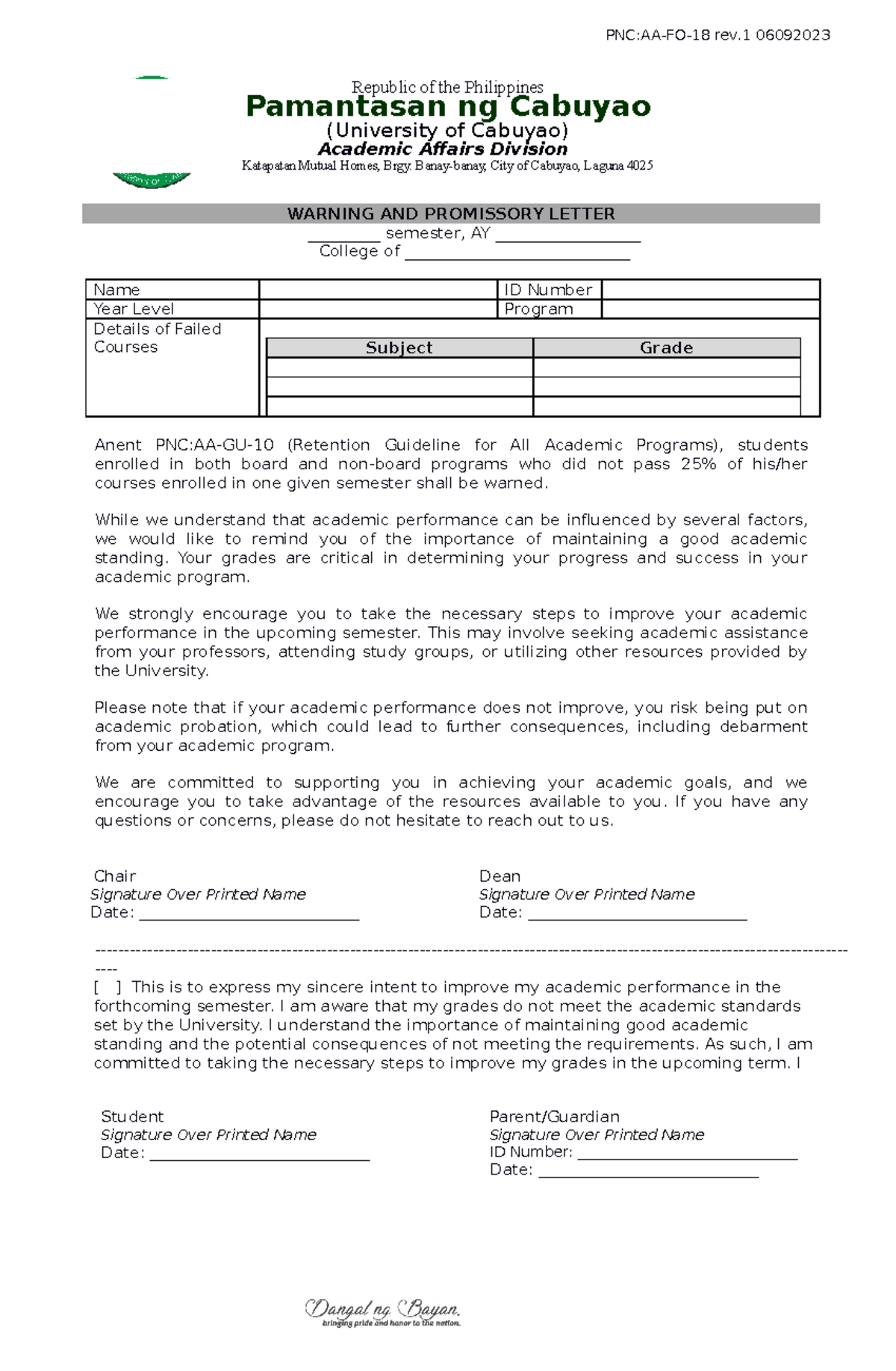 PNC AA FO 18 r - Warning and Promissory Letter for Academic Performance ...