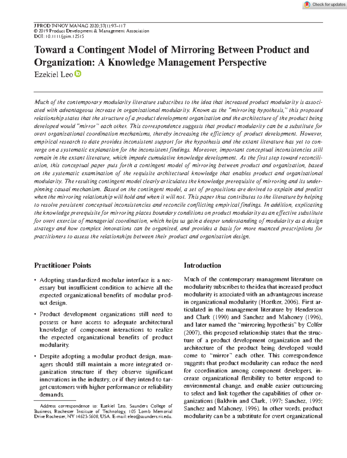 Contingent Model of Mirroring in Product and Organization Design - Studocu