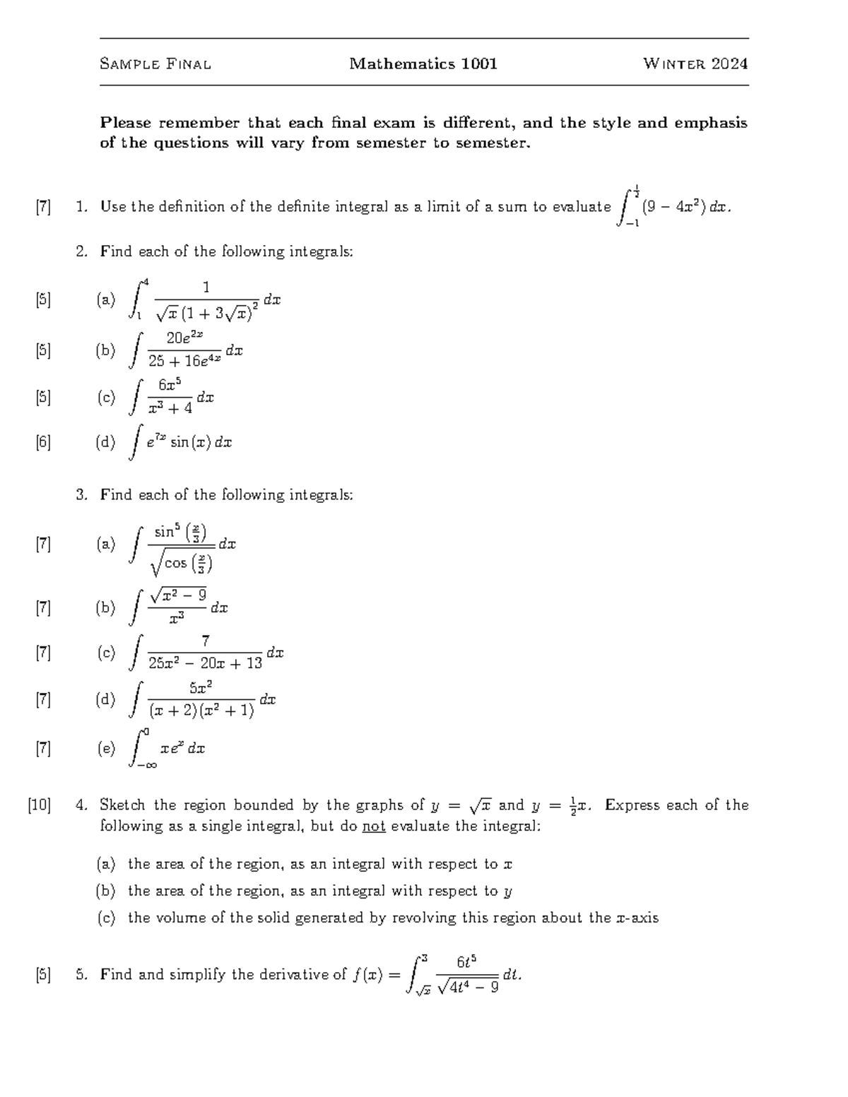 Math 1001 - Winter 2024 Final Exam Practice Questions - Studocu