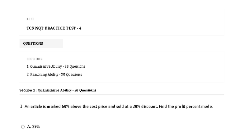 TCS NQT Practice Test 4: Solutions for Quant & Reasoning Sections - Studocu