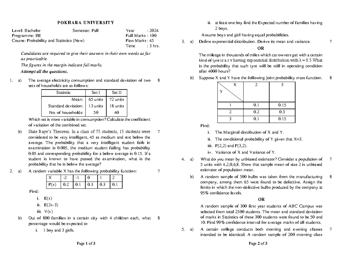 Probability and Statistics (New) - BE Final Exam Notes 2024 - Studocu