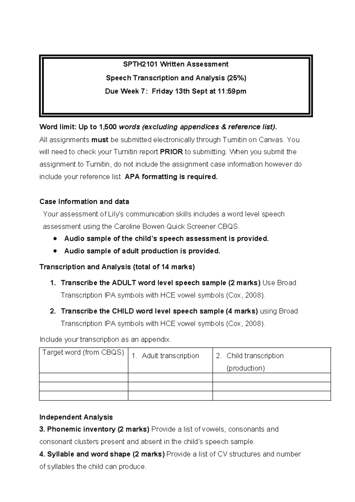SPTH 2101 Written Assessment: Speech Transcription & Analysis Guide ...
