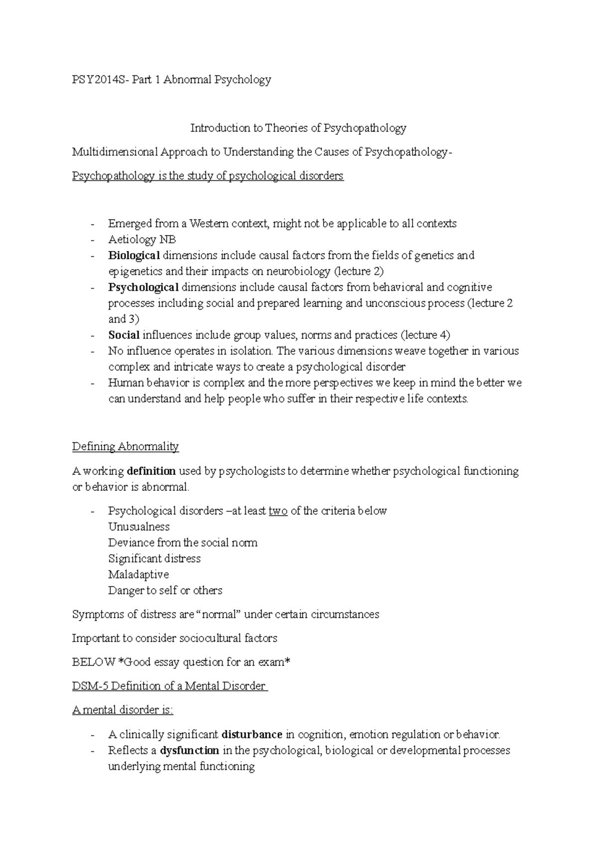 PSY2014 S Final Exam Notes: Theories of Psychopathology - Studocu