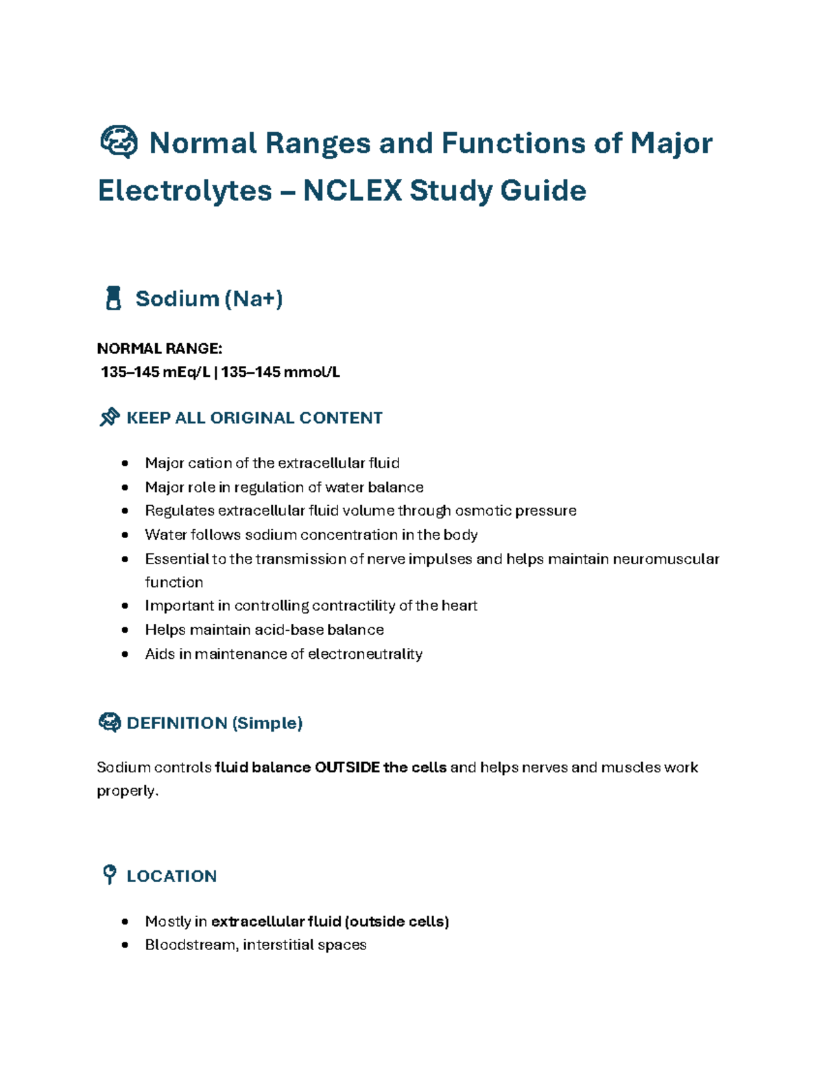 Med Surg NCLEX Study Guide: Normal & Abnormal Electrolyte Ranges - Studocu