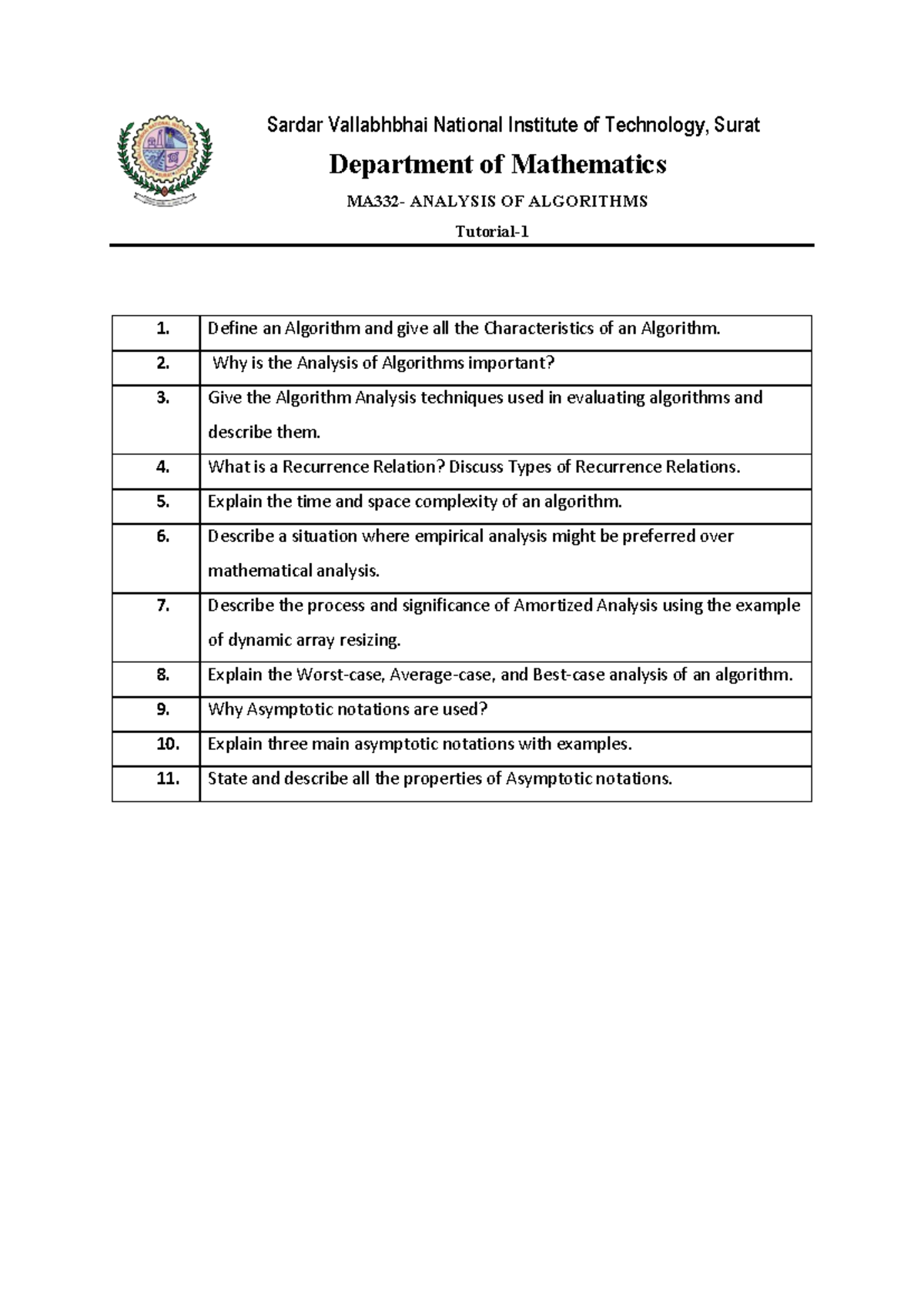 DAA Tutorial 1: Analysis of Algorithms Overview (MAT101) - Studocu