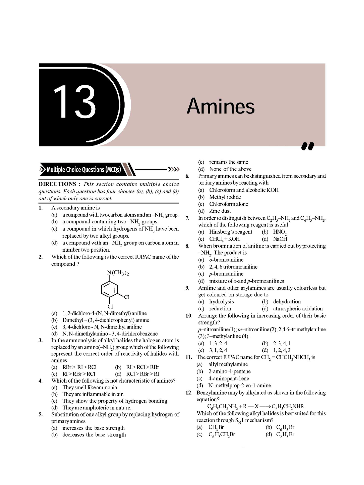 13. Amines: MCQs and Answers for Organic Chemistry Exam - Studocu
