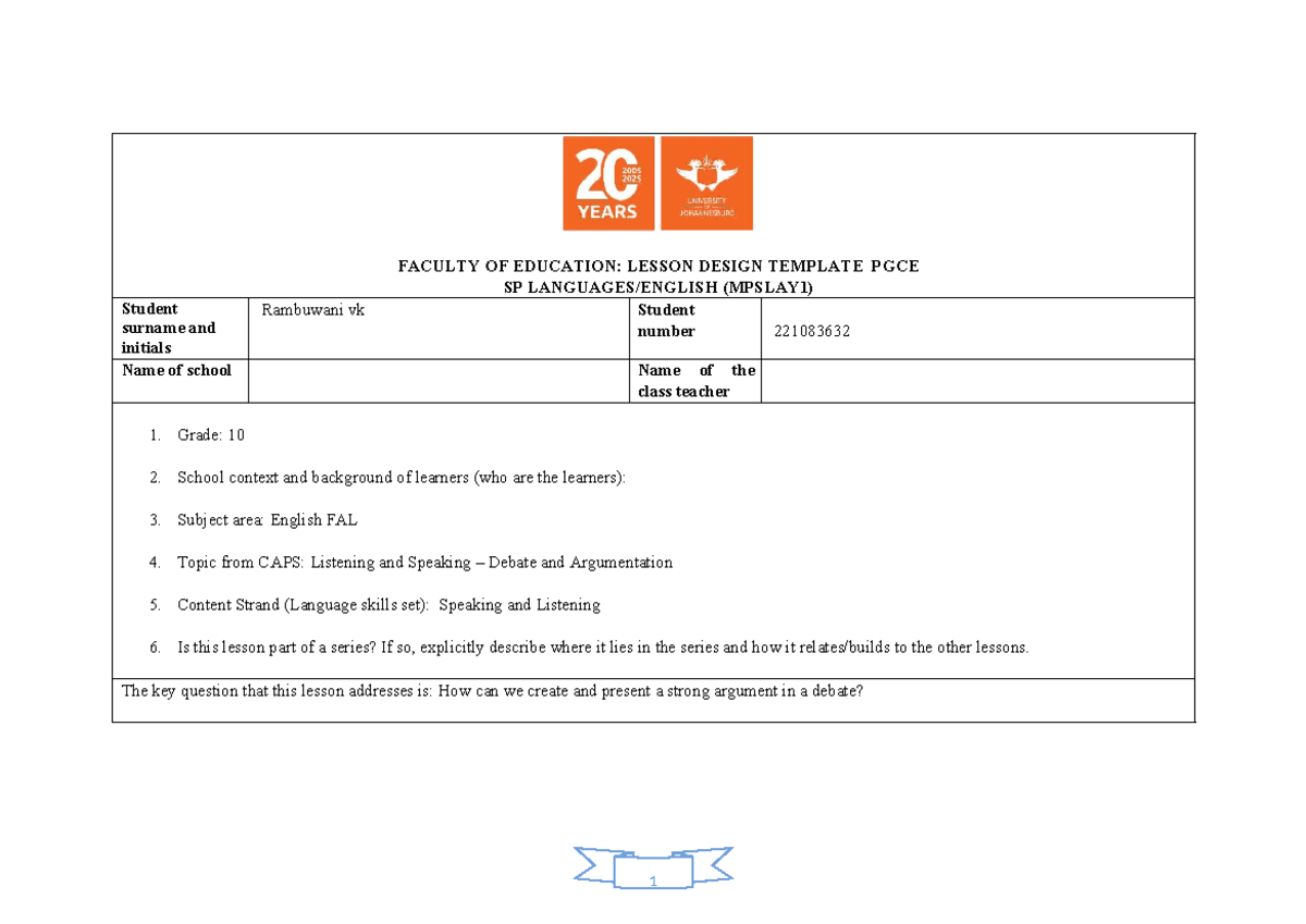 PGCE SP (MPSLAY1) Lesson Design Template: Debate & Argumentation - Studocu