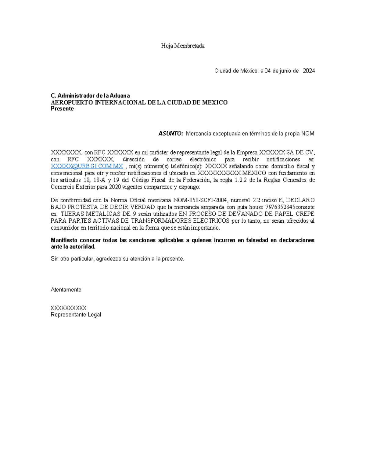 Carta de Excepción MERC 50 - Normativa NOM-050-SCFI-2004 - Studocu