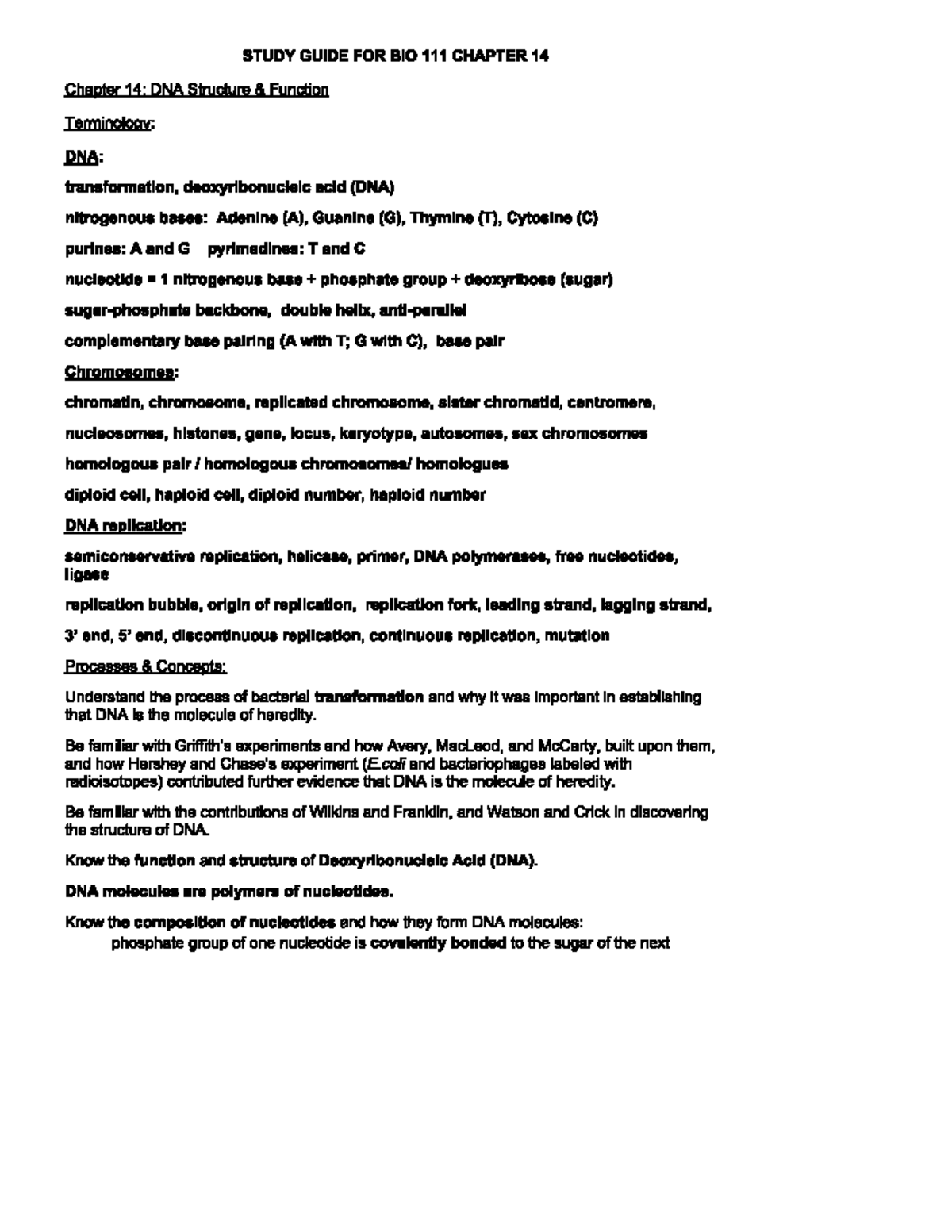 Study Guide for BIO 111 Chapter 14: DNA Structure & Function - Studocu