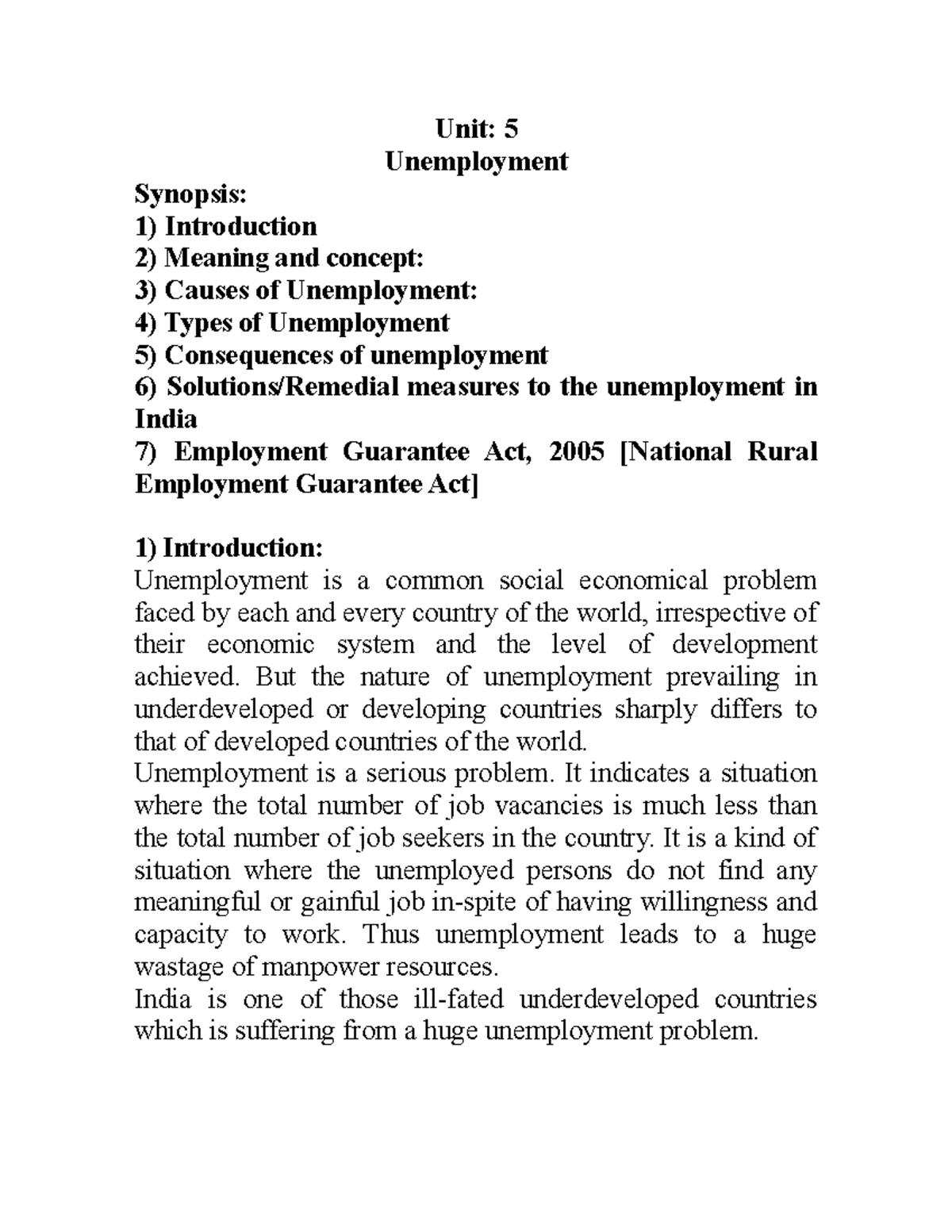 Sociology Unit 5: Unemployment Causes, Types and Solutions - Studocu