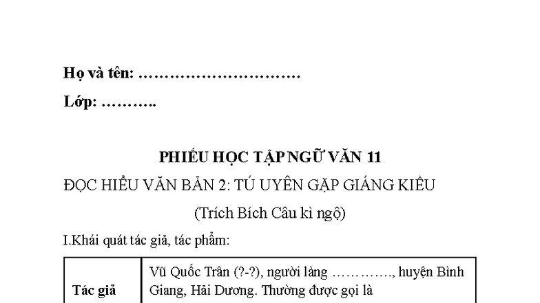 Phiếu Học Tập Ngữ Văn 11: Đọc Hiểu Văn Bản Tú Uyên Gặp Giáng Kiều - Studocu