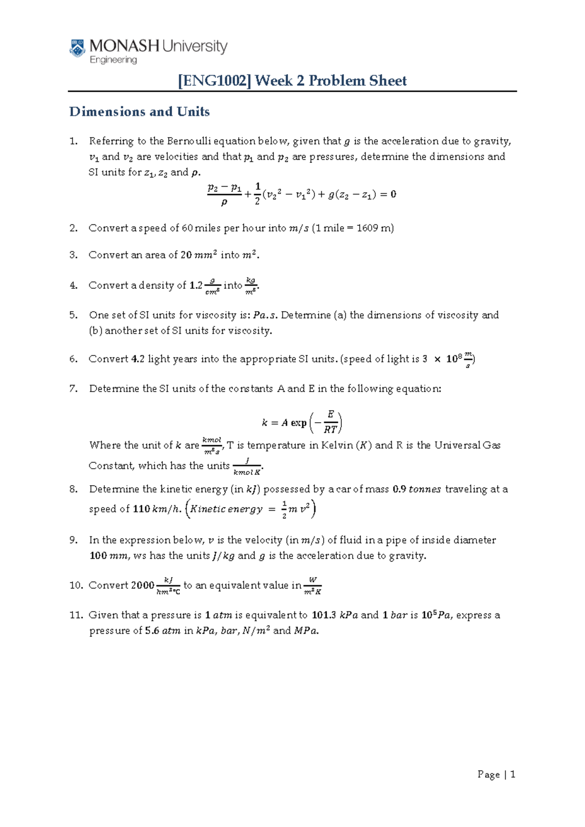 ENG1002 Week 2 Problem Sheet - Page | 1 [ENG1002] Week 2 Problem Sheet ...