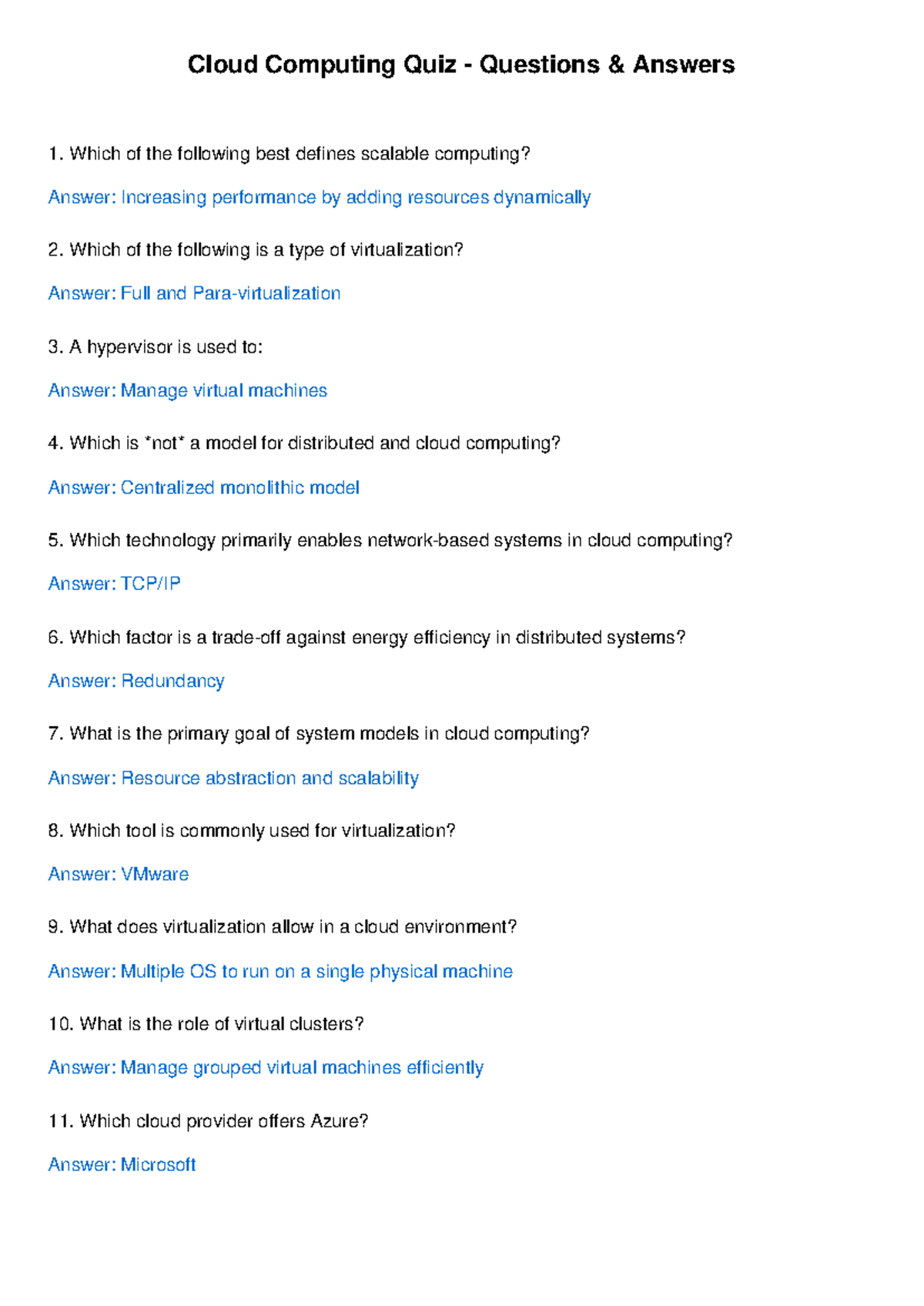Cloud Computing Quiz Answers: Key Concepts & Definitions - Studocu
