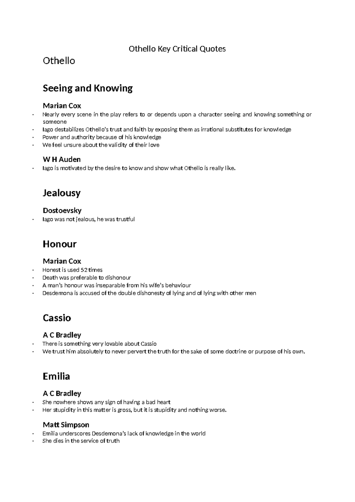 Othello (ENG 101) Key Critical Quotes Analysis and Insights - Studocu