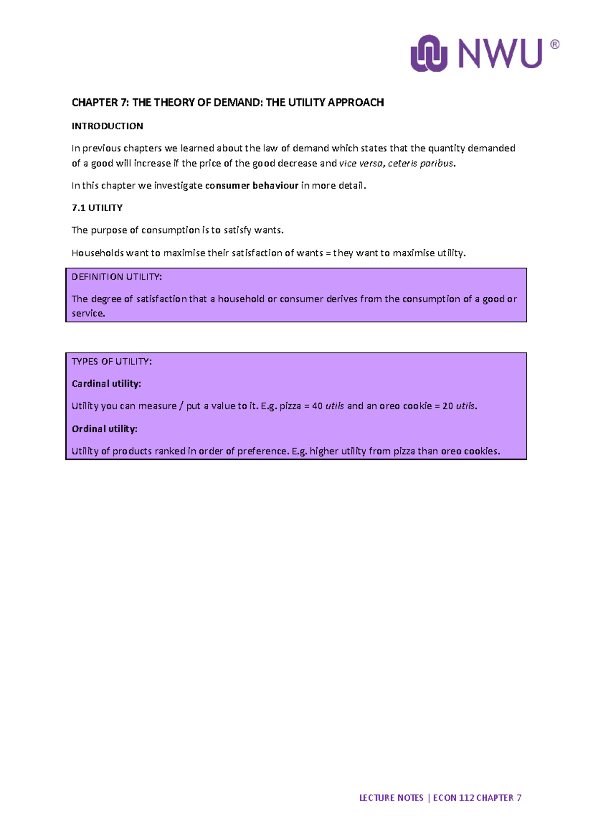 Chapter+7 notes - CHAPTER 7: THE THEORY OF DEMAND: THE UTILITY APPROACH ...