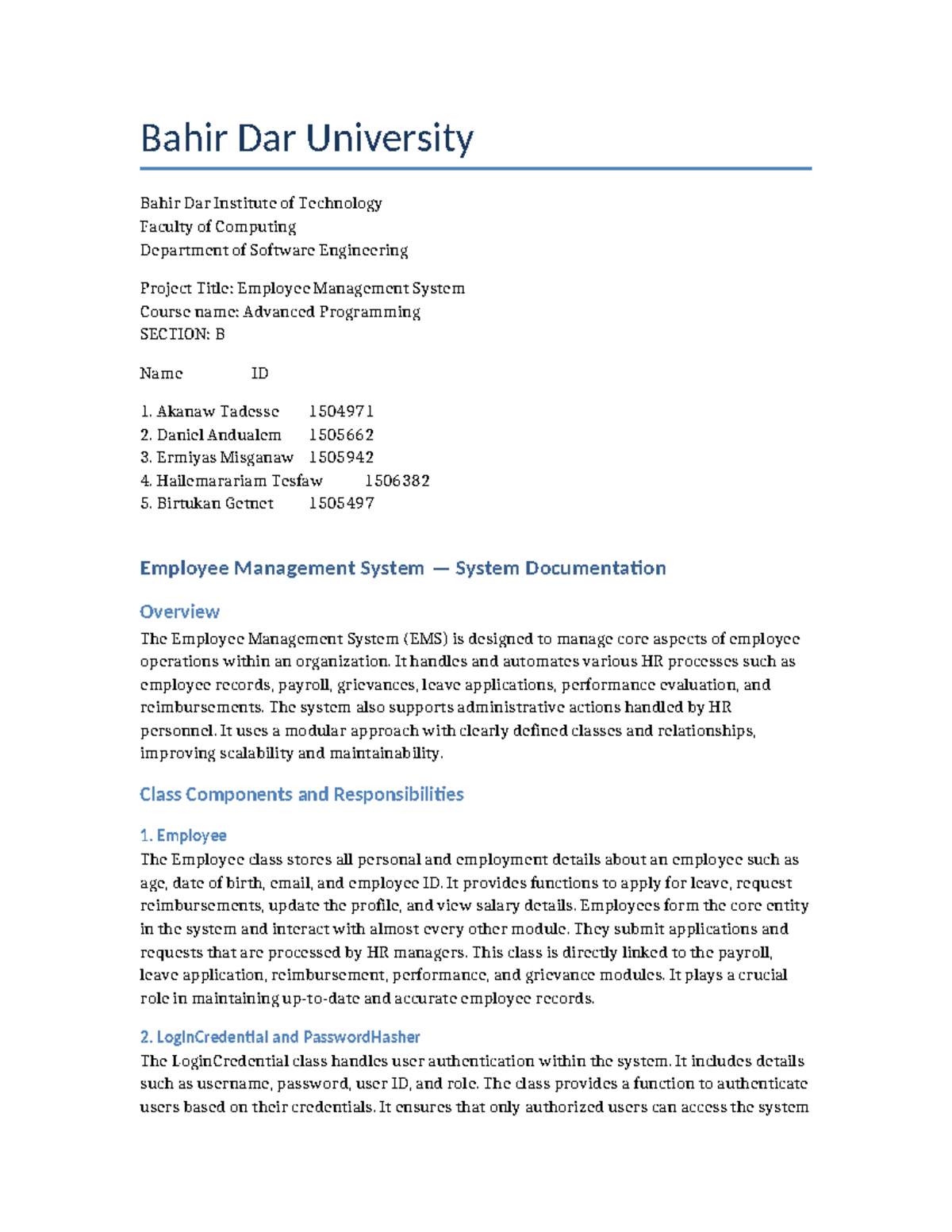 Advanced Programming: Employee Management System Documentation - Studocu