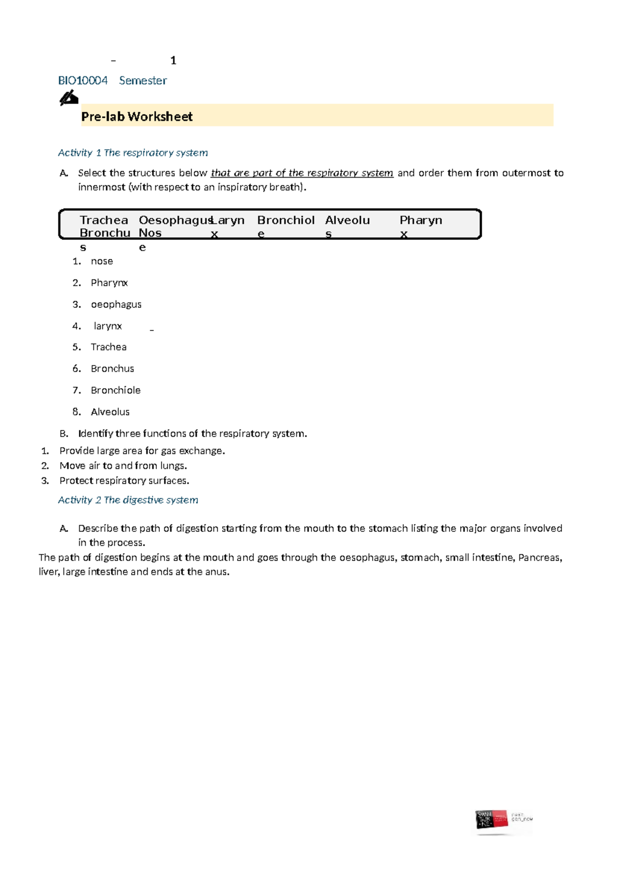 BIO10004 Semester 1 - Anatomy Lab Practical Pre-Lab Worksheet - Studocu