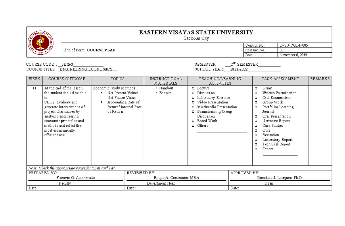IE 00 Engineering Economics Course Plan Notes (Rev. Nov 2019) - Studocu