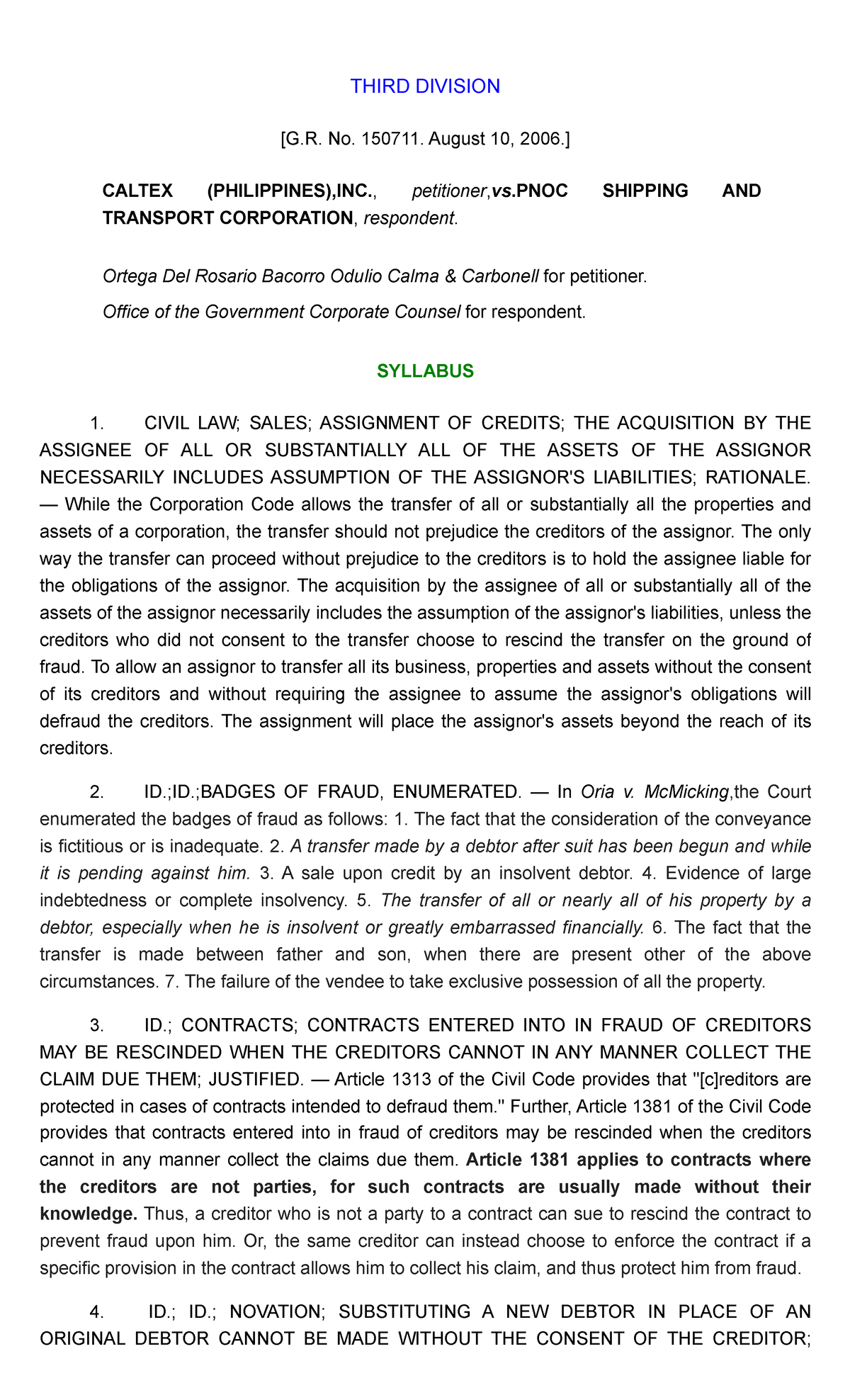 Caltex v. PNOC G.R. 150711 Case Analysis and Rulings - Studocu