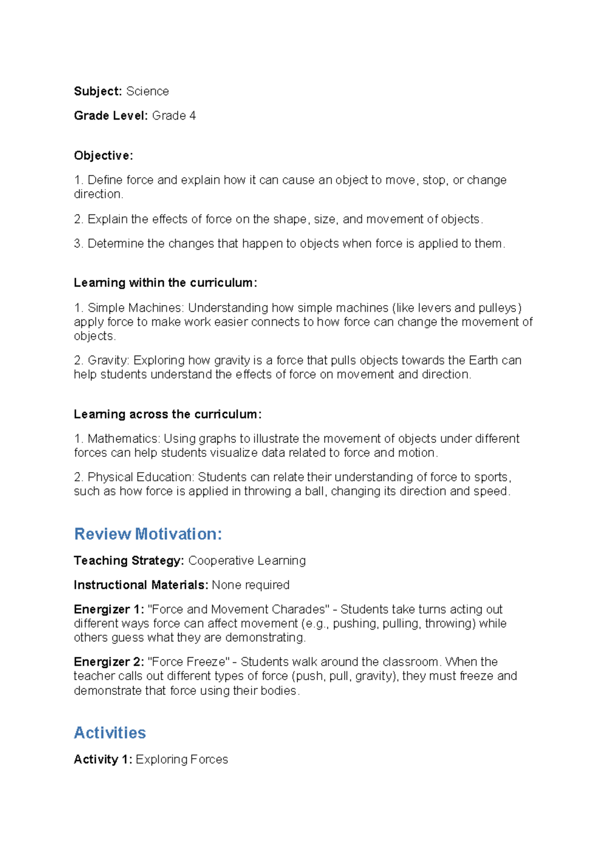Lesson plan: Understanding force and its effects on movement in grade 4 ...