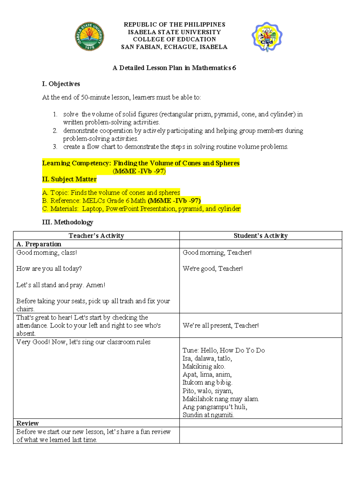 G6 Detailed Lesson Plan: Finding Volume of Cones & Spheres - Studocu