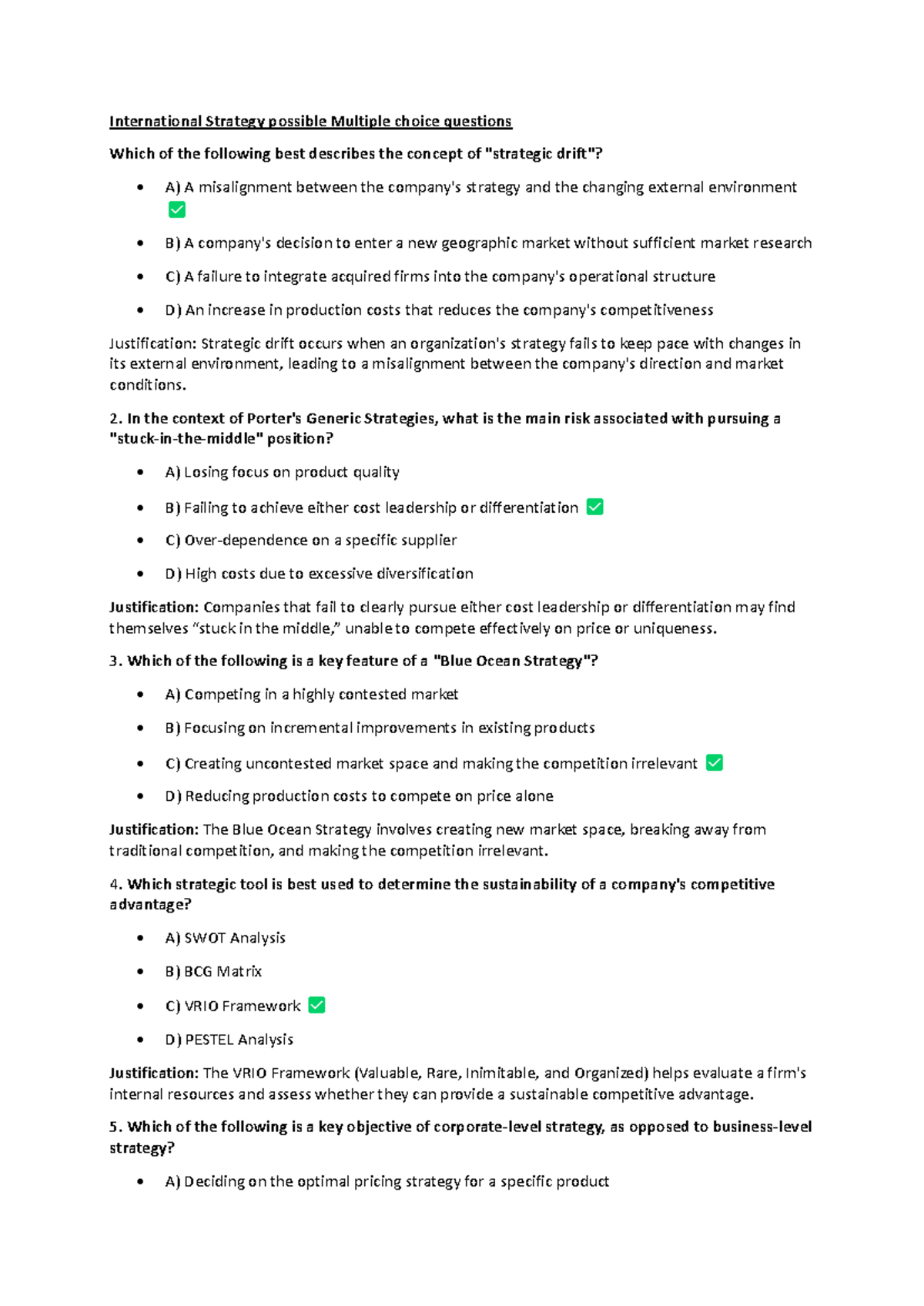 International Strategy MCQs: Key Concepts and Frameworks - Studocu