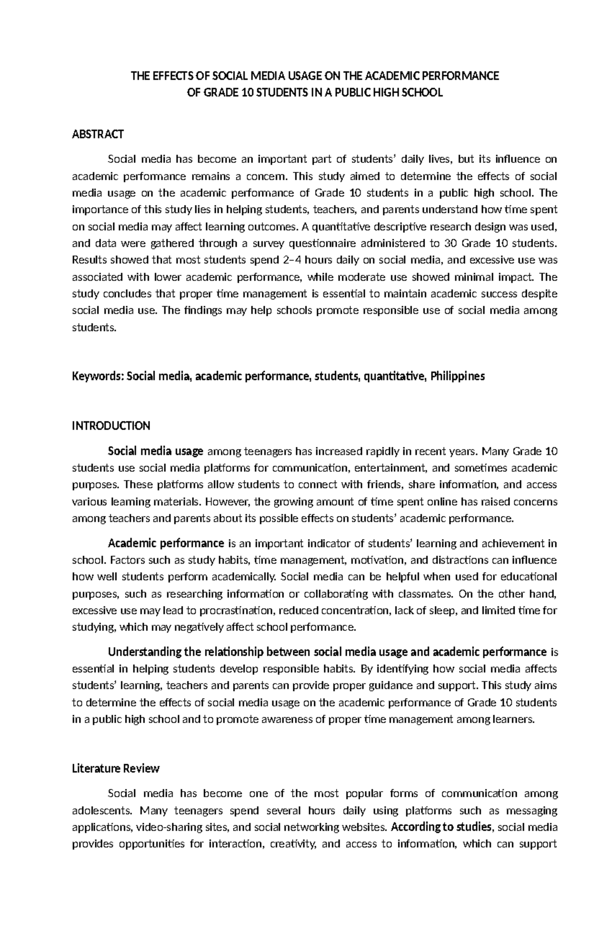 Effects of Social Media on Grade 10 Academic Performance: A Study - Studocu