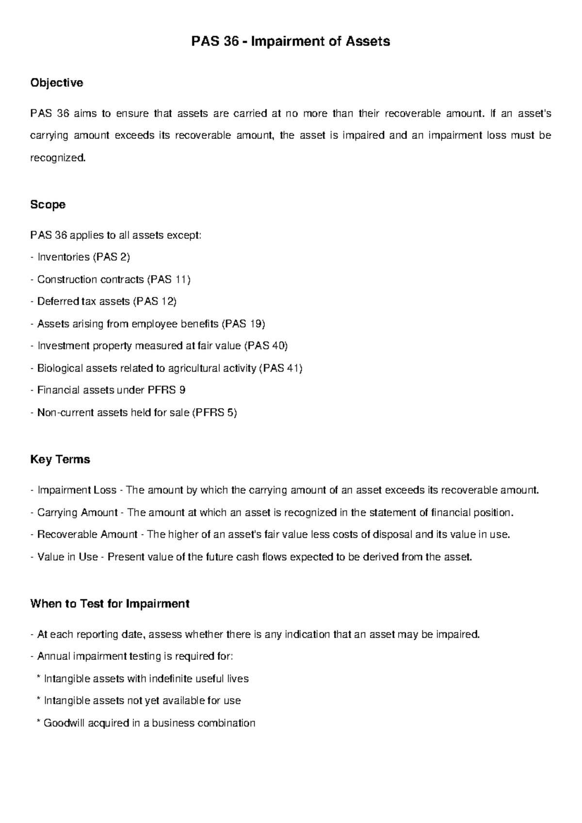 PAS 36 Final Exam Notes: Impairment of Assets Explained - Studocu