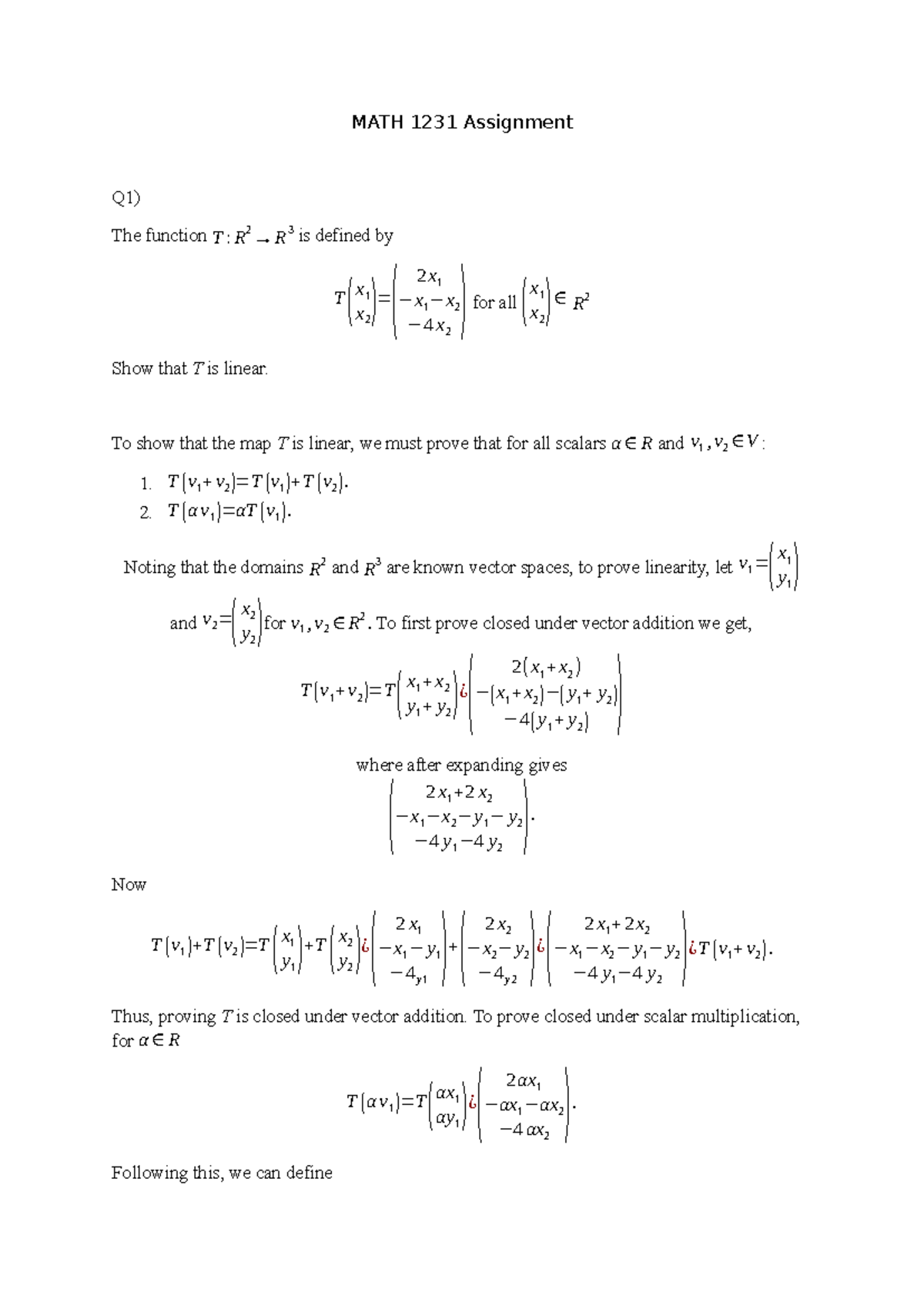 MATH 1231 Assignment: Proving Linearity and Subspaces - Studocu