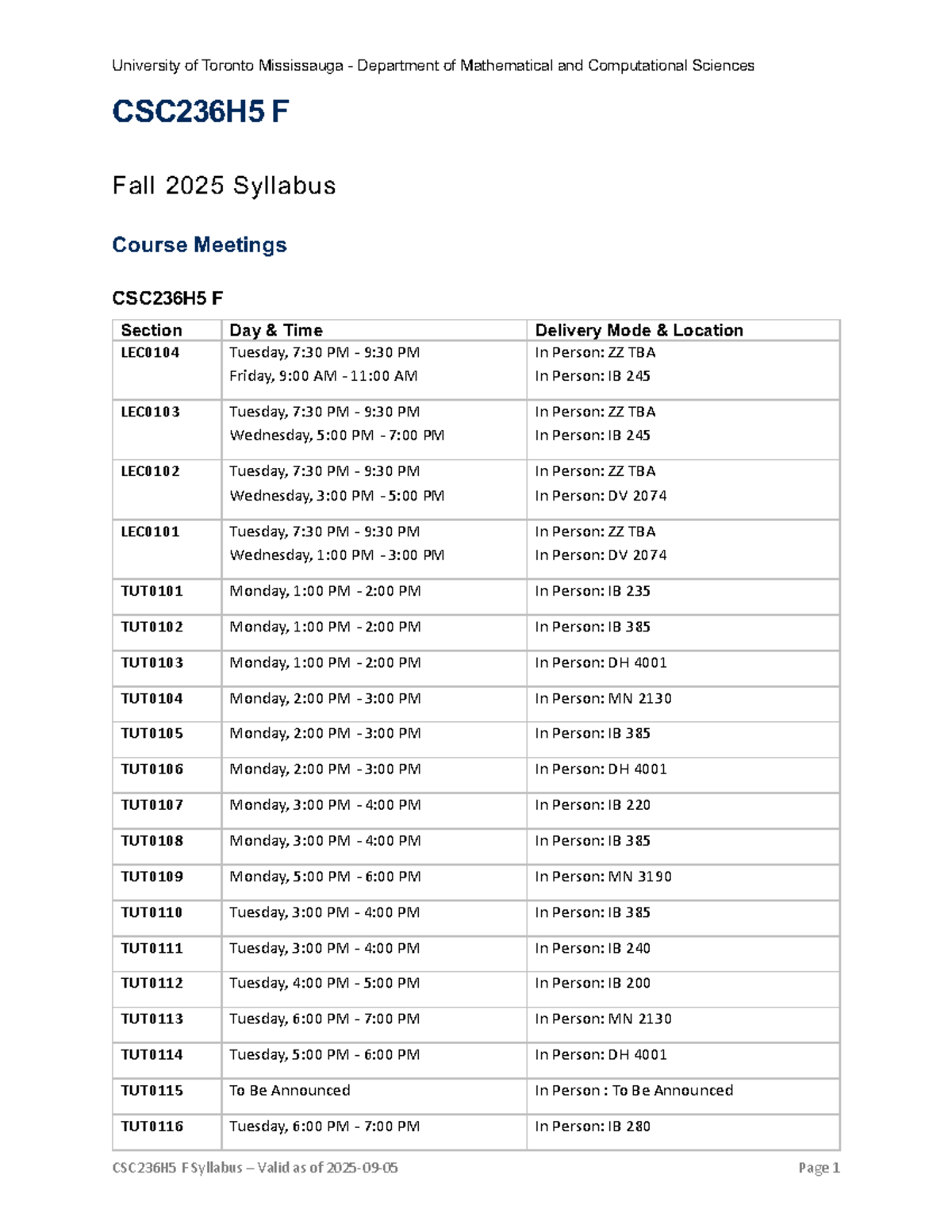 CSC236H5 F Fall 2025 Course Syllabus and Meeting Schedule - Studocu
