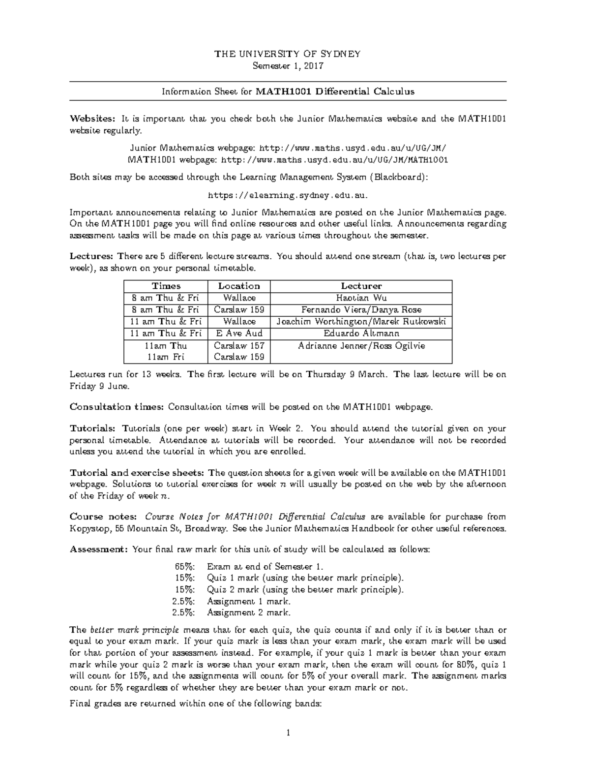 MATH1001 Differential Calculus Semester 1, 2017 Course Information ...