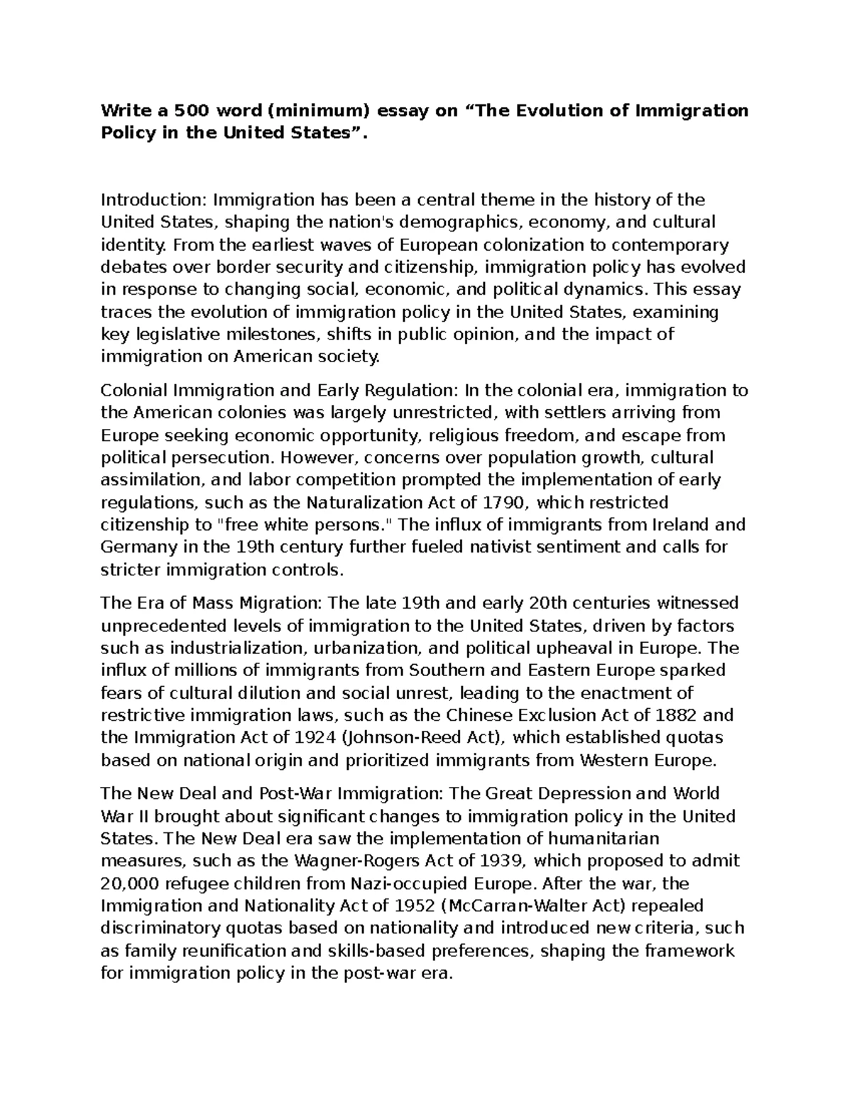 USH 1 - HUSH Assignment - Write a 500-word essay (minimum) on the ...