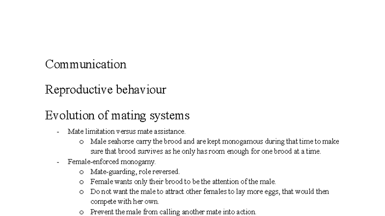 BIO3176 - Midterm 2 Notes on Mating Systems and Reproductive Behavior ...